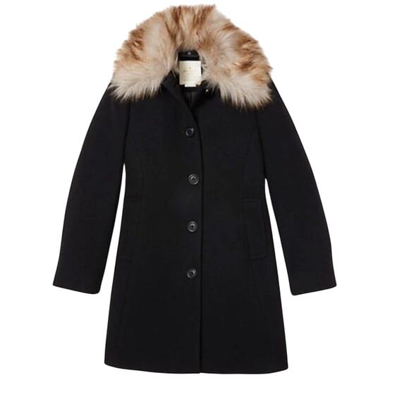KATE SPADE NEW YORK Wool Coat w/ Faux Fur Collar Black Small - Picture 3 of 16
